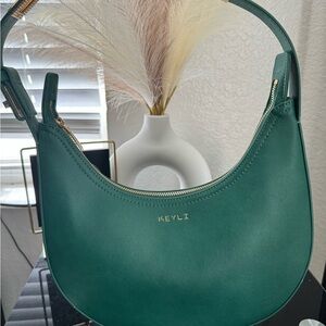 Teal Crescent Shoulder Bag with Gold Hardware
